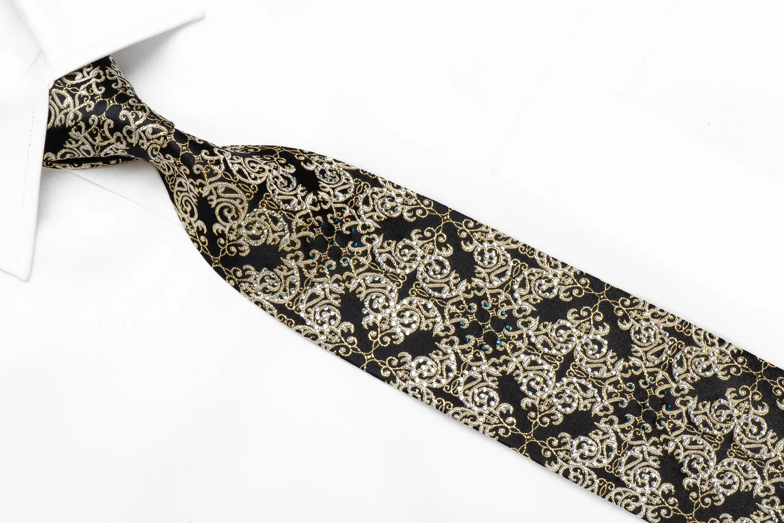 Remizio Men's Crystal Rhinestone Silk Necktie Gold Damask On Black With Sparkles