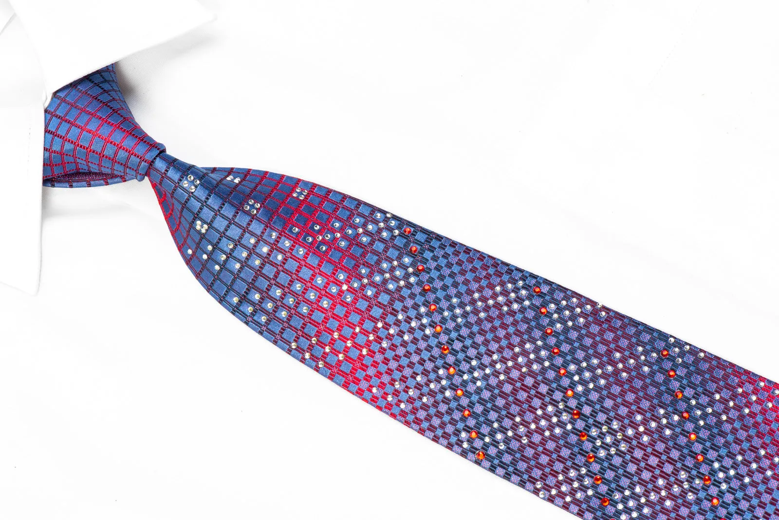 Remizio Men's Rhinestone Silk Necktie Blue Red Geometric With Sparkles