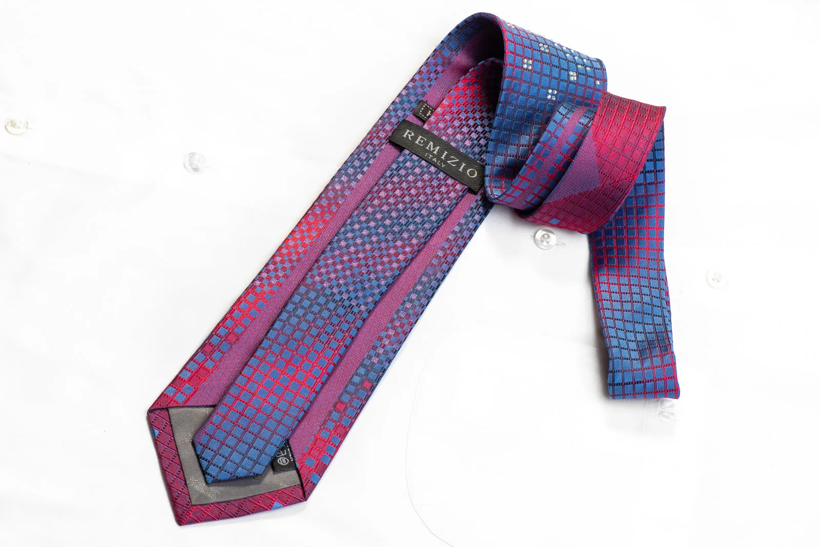 Remizio Men's Rhinestone Silk Necktie Blue Red Geometric With Sparkles