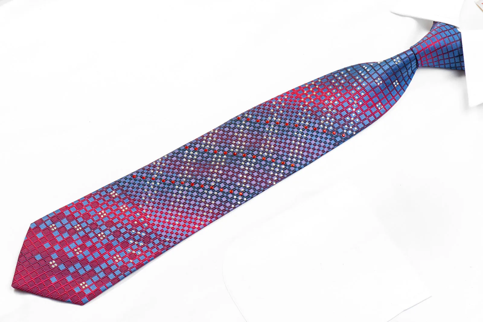 Remizio Men's Rhinestone Silk Necktie Blue Red Geometric With Sparkles
