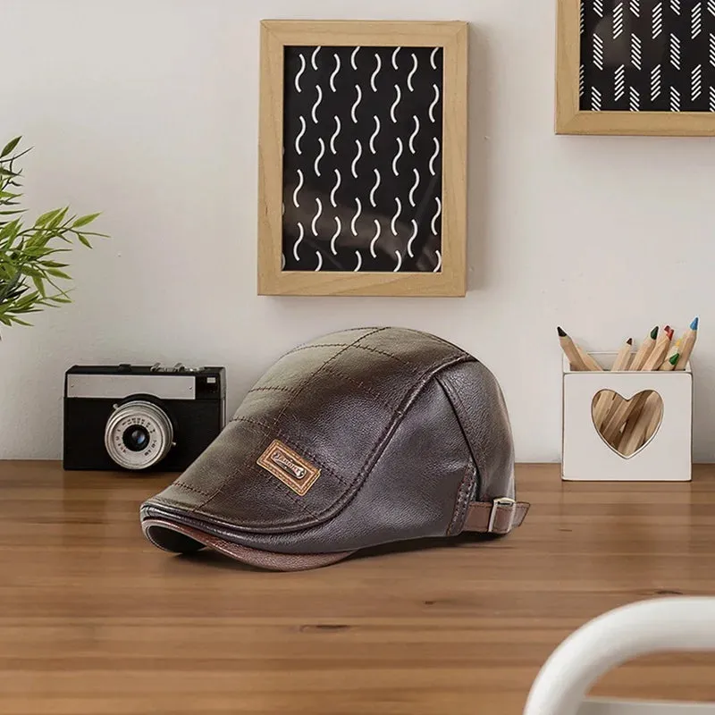 Retro Men Leather Beret Hat Flat Cap Male Autumn Winter Warm Adjustable High-Quality men's British Style Beret Caps