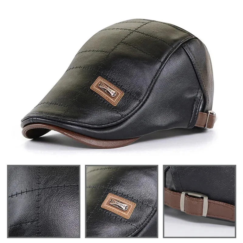 Retro Men Leather Beret Hat Flat Cap Male Autumn Winter Warm Adjustable High-Quality men's British Style Beret Caps