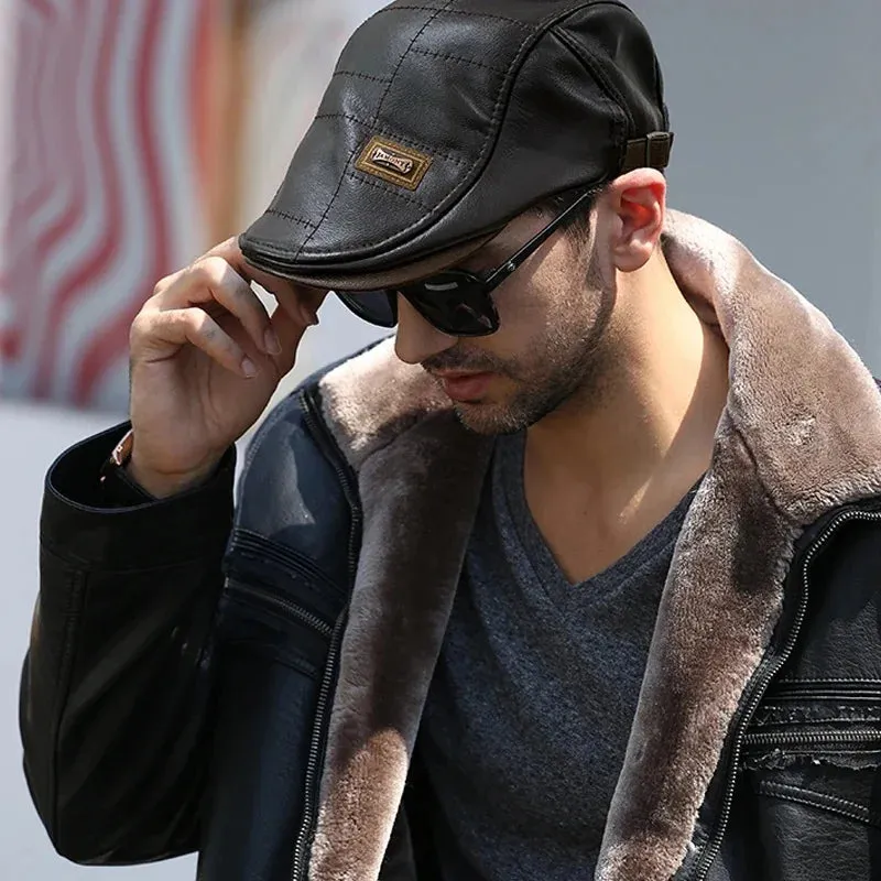 Retro Men Leather Beret Hat Flat Cap Male Autumn Winter Warm Adjustable High-Quality men's British Style Beret Caps