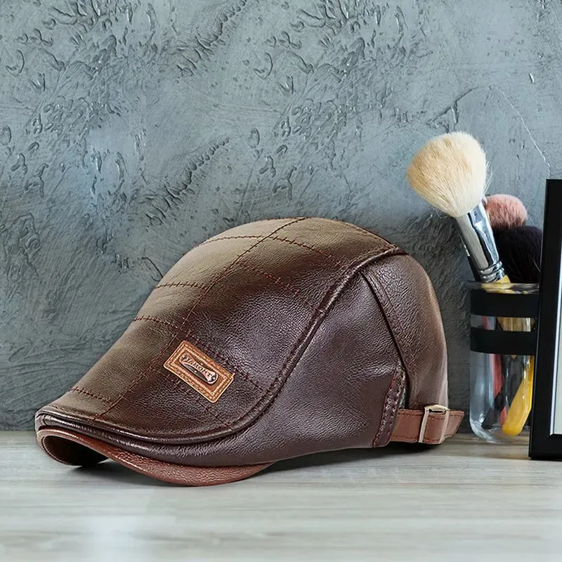 Retro Men Leather Beret Hat Flat Cap Male Autumn Winter Warm Adjustable High-Quality men's British Style Beret Caps