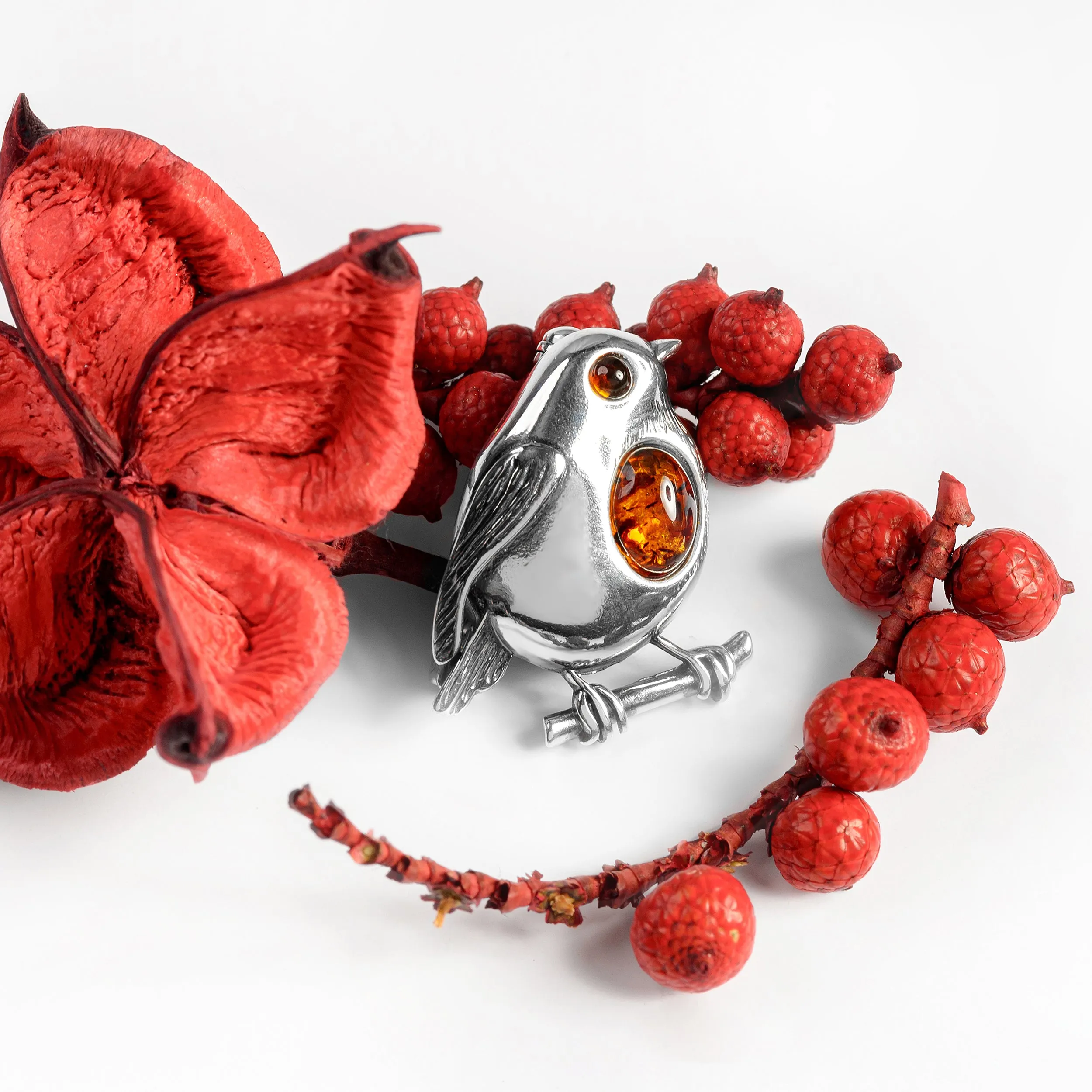 Robin Brooch in Silver and Amber