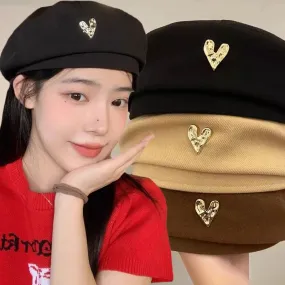 Sohiwoo Autumn Winter Premium Feel Retro Woolen Fabric Metal Heart-shaped Logo Woolen Berets Caps for Women Simple Vintage Elegant Hat