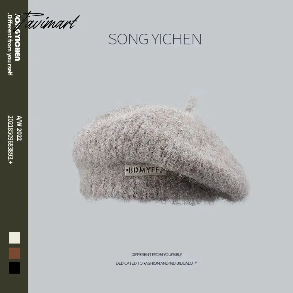 Tavimart New Japanese Fluffy Mohair Knitted Berets Women's Autumn Winter Fashion Elegant Metal Labeling Plush Art Painter Hat Warm Hat