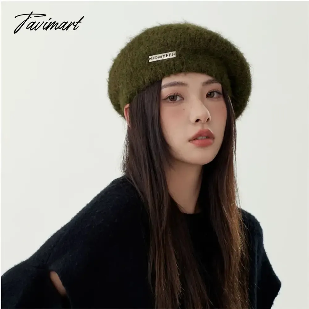 Tavimart New Japanese Fluffy Mohair Knitted Berets Women's Autumn Winter Fashion Elegant Metal Labeling Plush Art Painter Hat Warm Hat
