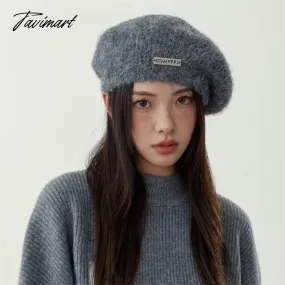 Tavimart New Japanese Fluffy Mohair Knitted Berets Women's Autumn Winter Fashion Elegant Metal Labeling Plush Art Painter Hat Warm Hat