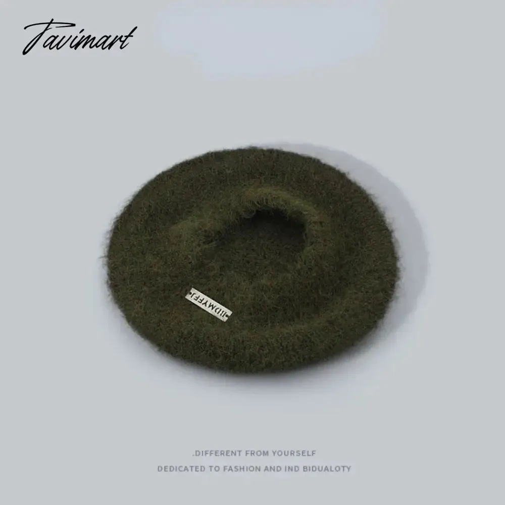Tavimart New Japanese Fluffy Mohair Knitted Berets Women's Autumn Winter Fashion Elegant Metal Labeling Plush Art Painter Hat Warm Hat