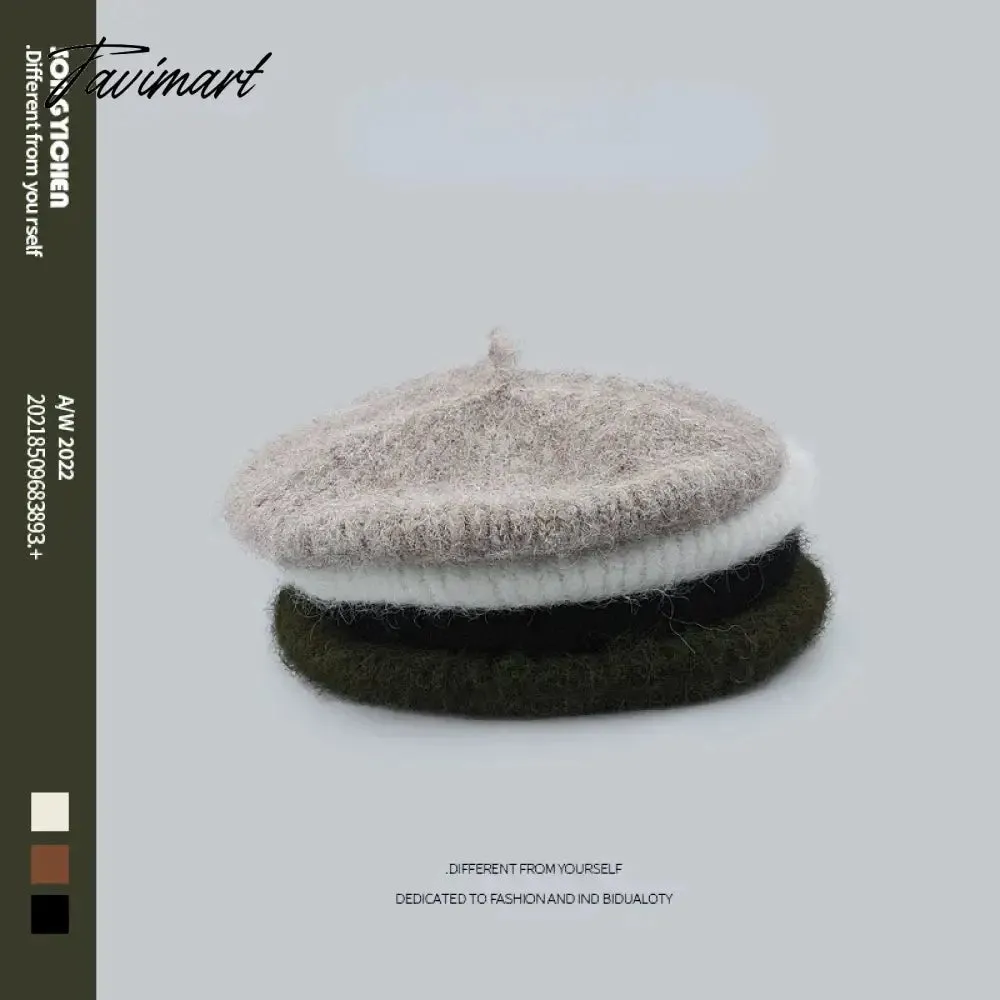 Tavimart New Japanese Fluffy Mohair Knitted Berets Women's Autumn Winter Fashion Elegant Metal Labeling Plush Art Painter Hat Warm Hat