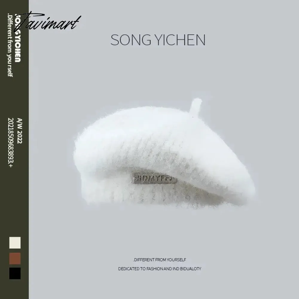 Tavimart New Japanese Fluffy Mohair Knitted Berets Women's Autumn Winter Fashion Elegant Metal Labeling Plush Art Painter Hat Warm Hat
