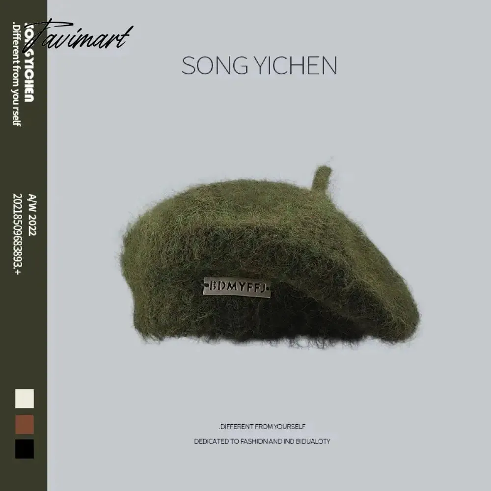 Tavimart New Japanese Fluffy Mohair Knitted Berets Women's Autumn Winter Fashion Elegant Metal Labeling Plush Art Painter Hat Warm Hat