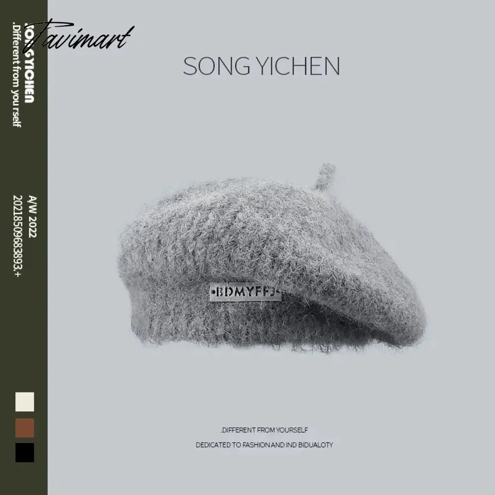 Tavimart New Japanese Fluffy Mohair Knitted Berets Women's Autumn Winter Fashion Elegant Metal Labeling Plush Art Painter Hat Warm Hat