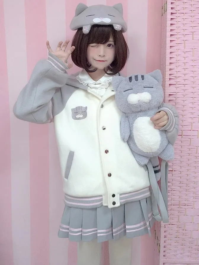White and Gray Cat Hooded Woolen Baseball Jacket