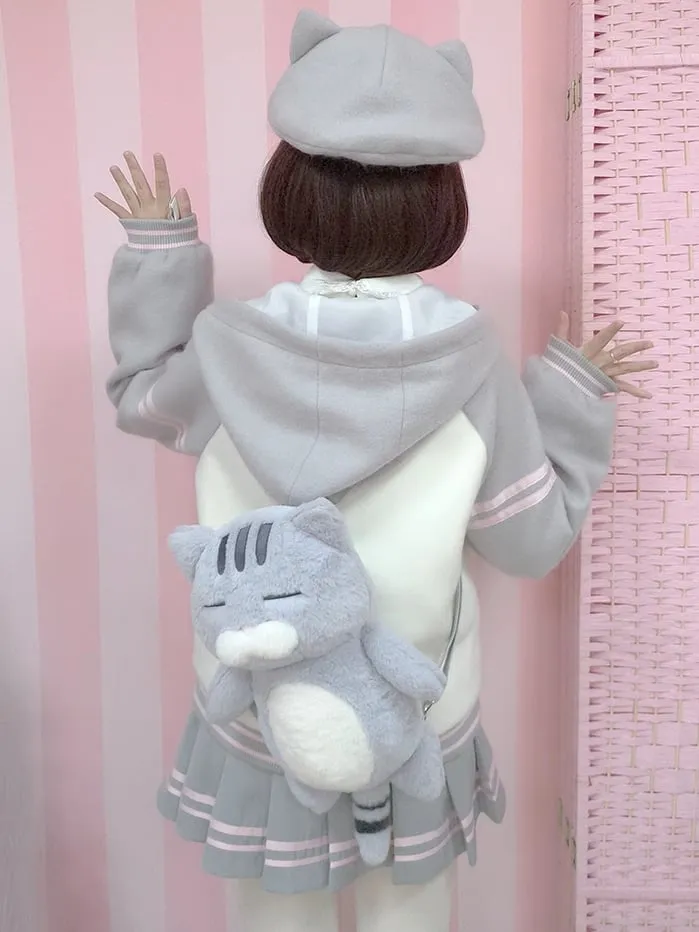 White and Gray Cat Hooded Woolen Baseball Jacket