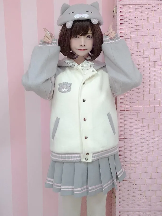 White and Gray Cat Hooded Woolen Baseball Jacket