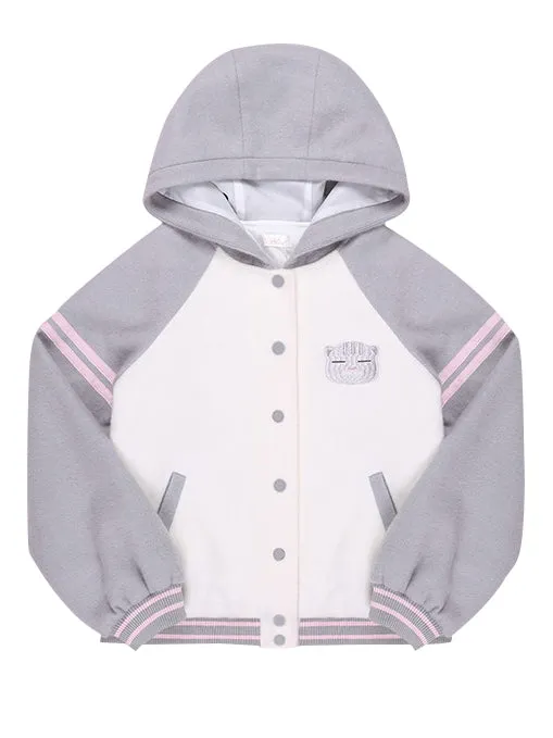 White and Gray Cat Hooded Woolen Baseball Jacket
