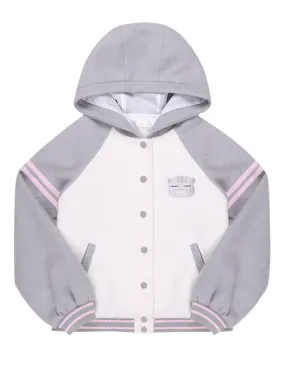 White and Gray Cat Hooded Woolen Baseball Jacket